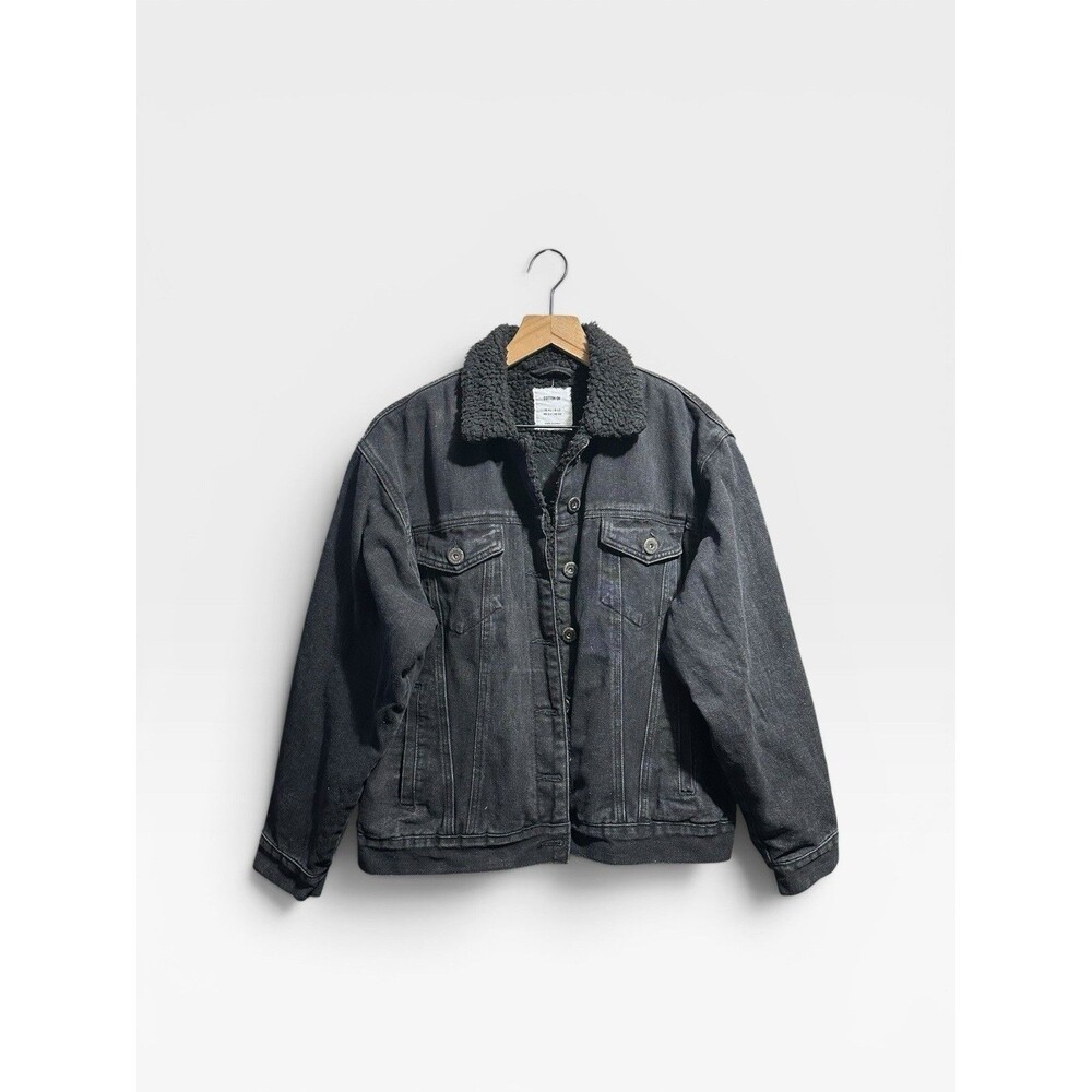 Cotton On Sherpa Lined Trucker Denim Jacket Women’s Medium Charcoal Wash Black